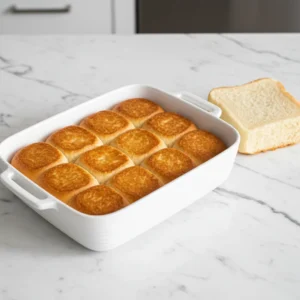 A white baking dish containing the bottom slab of Hawaiian roll pizza sliders, lightly baked and toasted to create a crust barrier against the sauce.
