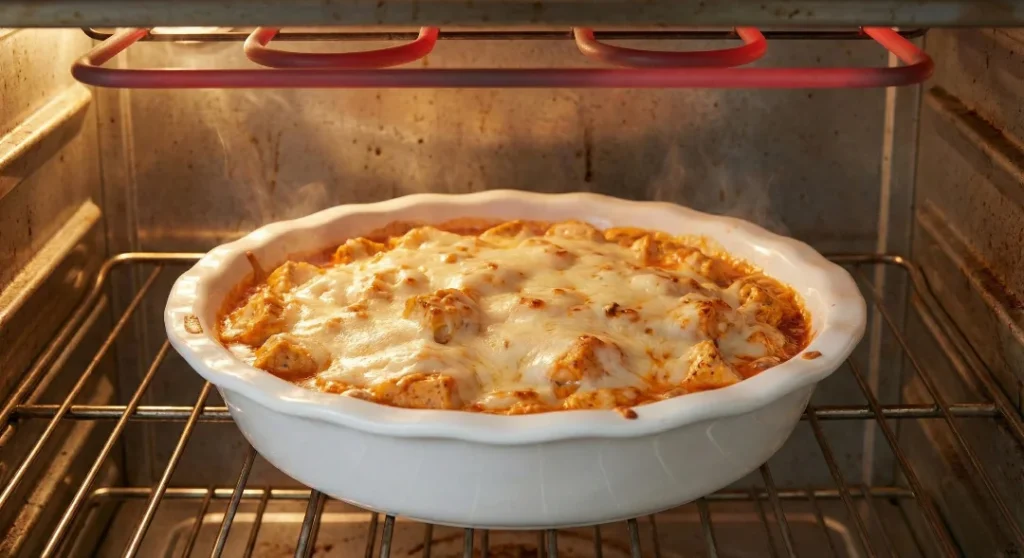 A white pie plate containing the buffalo chicken dip recipe placed under the glowing red broiler element in the oven to create a golden-brown, bubbly cheese crust.