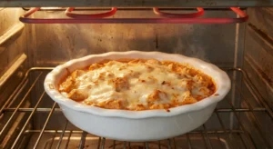 A white pie plate containing the buffalo chicken dip recipe placed under the glowing red broiler element in the oven to create a golden-brown, bubbly cheese crust.