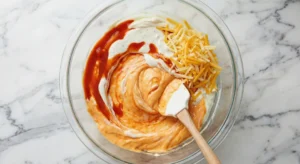 A glass bowl showing cream cheese being mixed with Frank's RedHot Sauce, Ranch Dressing, and shredded Cheddar cheese to form the creamy orange base for the buffalo chicken dip recipe.