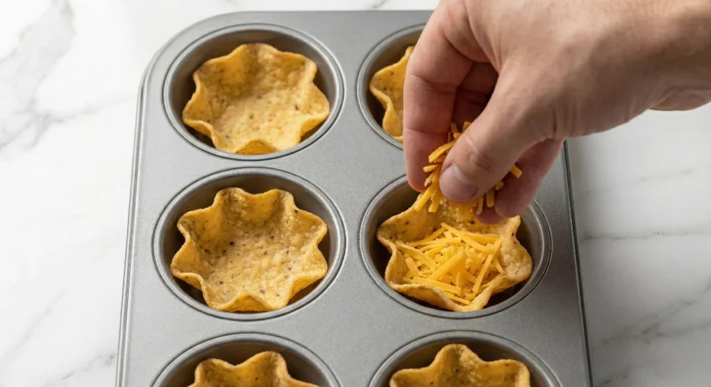 A hand sprinkling a small pinch of shredded cheddar cheese into the bottom of tortilla chip cups sitting in a grey muffin tin, creating a moisture barrier.