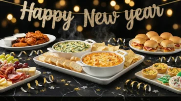 A festive and dark-themed New Year's Eve party table with a "Happy New Year" banner, featuring hot, steaming dips, buffalo wings, sliders, and a charcuterie board with grapes and salami.