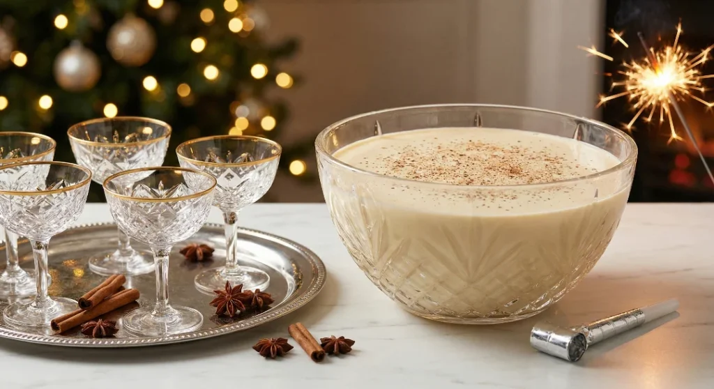 A large crystal bowl of creamy, nutmeg-dusted eggnog surrounded by vintage glasses, cinnamon sticks, and a lit sparkler, creating a festive New Year's Eve drinks menu atmosphere.