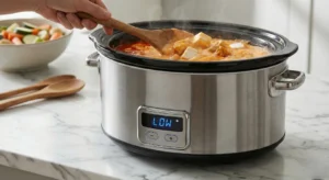 A hand sprinkling the remaining shredded cheddar cheese onto the hot, smooth surface of the crockpot buffalo chicken dip mixture inside the slow cooker.