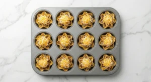 A top-down view of a grey muffin tin where each slot is filled with a tortilla chip cup, taco meat, and a generous mound of shredded cheddar and monterey jack cheese.