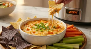 A hot, garnished crockpot buffalo chicken dip on a platter with a slow cooker display in the background showing the "WARM" setting, highlighting the "keeps hot for 4 hours hack."
