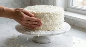 A close-up of hands gently pressing handfuls of white sweetened shredded coconut onto the sides and top of a freshly frosted cake.