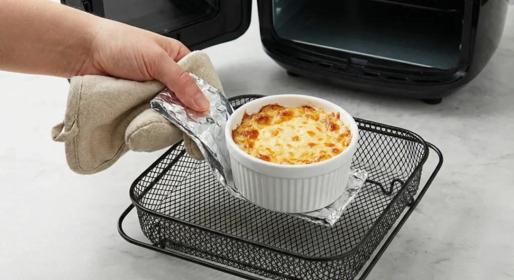 A hand, protected by an oven mitt, using a foil sling to safely lift a small, hot ramekin containing the finished dip out of the air fryer basket.