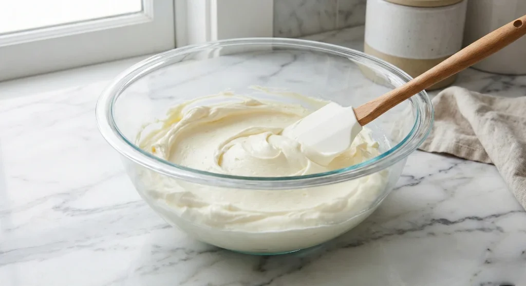 A white spatula smoothing softened cream cheese in a glass bowl until completely creamy, the essential first step for a smooth buffalo chicken dip recipe.