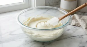 A white spatula smoothing softened cream cheese in a glass bowl until completely creamy, the essential first step for a smooth buffalo chicken dip recipe.