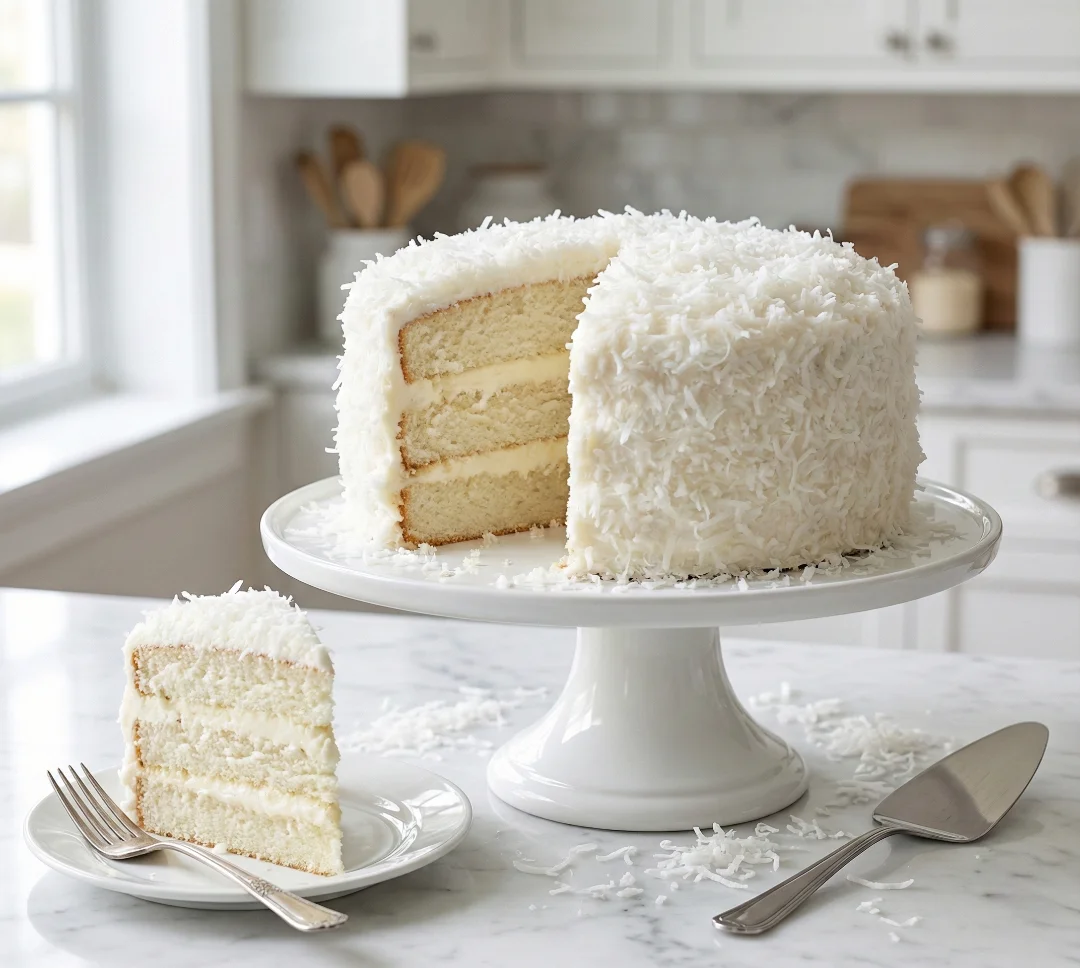 A stunning multi-layer Moist Coconut Cake Recipe on a white ceramic stand, heavily coated in white frosting and shredded coconut, with one slice served on a small plate with a fork in a bright kitchen setting.