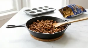 Seasoned ground beef, freshly cooked, sitting in a cast iron skillet on a cork mat to cool down, with a muffin tin and a bag of tortilla chips in the background.