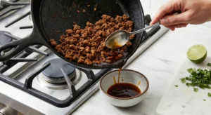 A hand tilting a cast iron skillet to drain excess dark grease from the cooked ground beef into a small bowl, preventing soggy wonton wrappers.