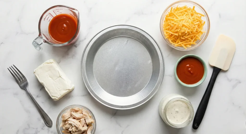 A flat lay of the main ingredients for air fryer buffalo chicken dip ingredients: Chopped chicken, cream cheese, Ranch dressing, Frank's RedHot Sauce, and shredded cheddar cheese.