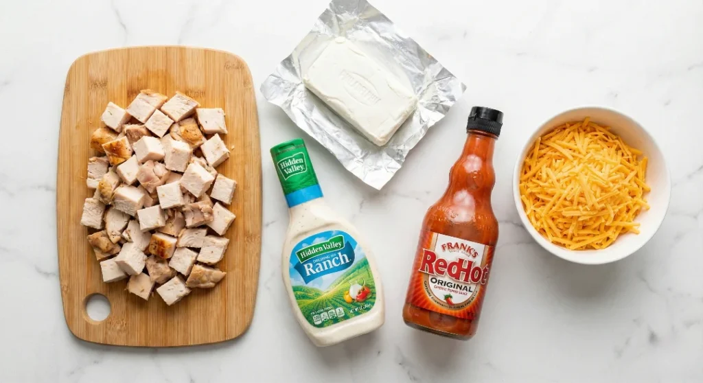 A flat lay of the main ingredients for buffalo chicken dip recipe: Cubed chicken, cream cheese, Ranch dressing, Frank's RedHot Sauce, and shredded cheddar cheese.