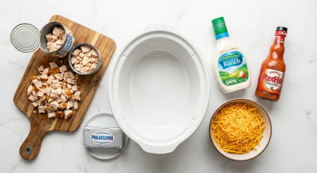 A flat lay of the ingredients for crockpot buffalo chicken dip: Canned chicken, cream cheese, Ranch dressing, Frank's RedHot, and shredded cheddar, next to a white crockpot insert.