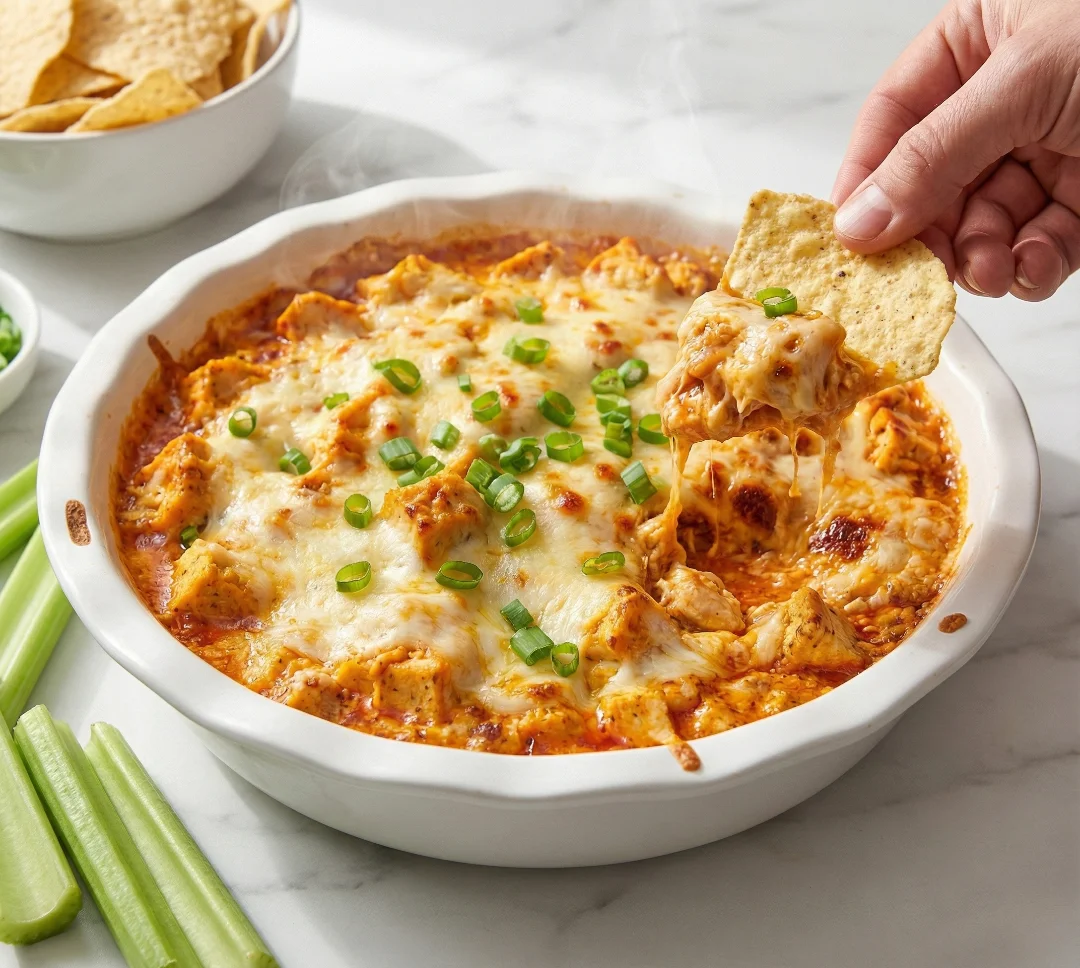 A tortilla chip scooping a creamy portion of the buffalo chicken dip, garnished with green onions, showing the cheesy, hot, and chunky texture.