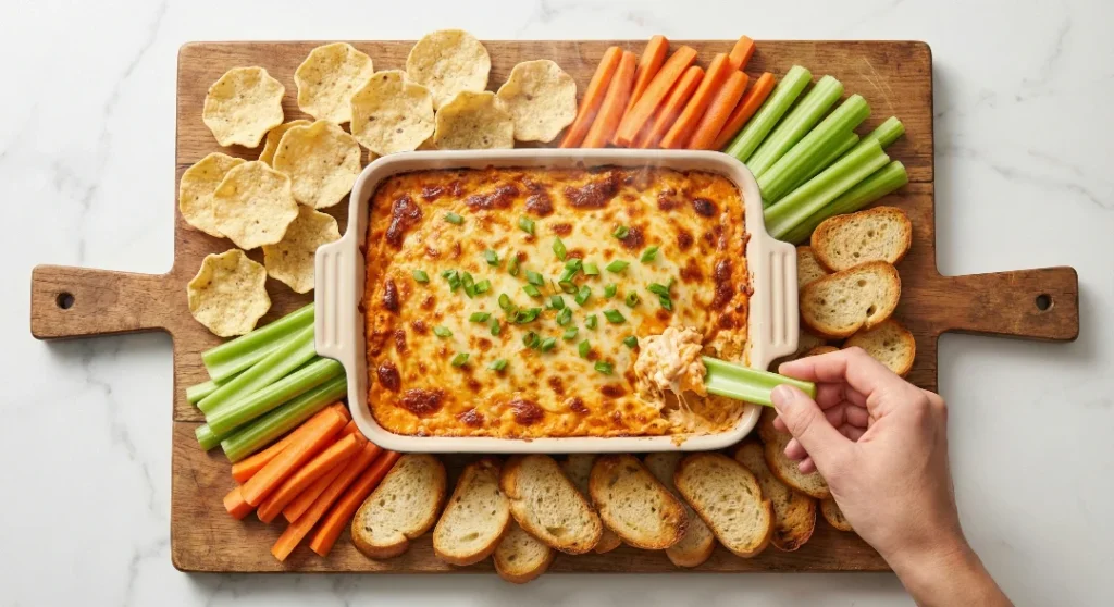 A large wooden serving platter featuring a rectangular dish of oven baked buffalo chicken dip, surrounded by carrots, celery and carrots, and tortilla chips.