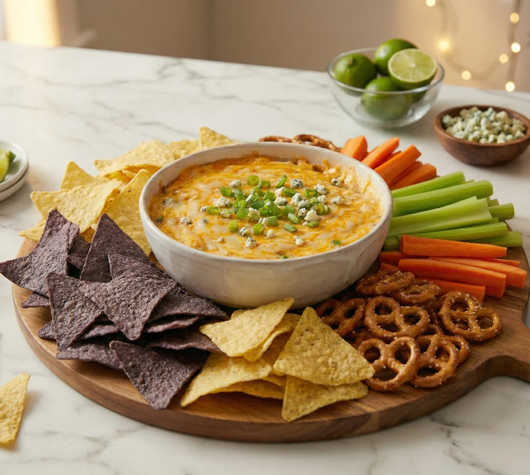 A tortilla chip scooping the stringy, cheesy slow cooker buffalo chicken dip from a bowl, with the slow cooker displaying "WARM" in the background, illustrating the long-hold party hack.