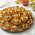 A hand picking up a fully loaded mini loaded nacho cup from a wooden serving board, topped with melted cheese, seasoned beef, a dollop of sour cream, and a slice of jalapeño.
