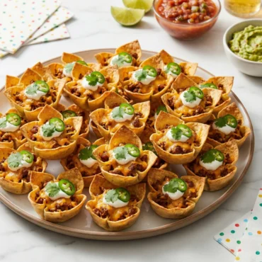 A hand picking up a fully loaded mini loaded nacho cup from a wooden serving board, topped with melted cheese, seasoned beef, a dollop of sour cream, and a slice of jalapeño.