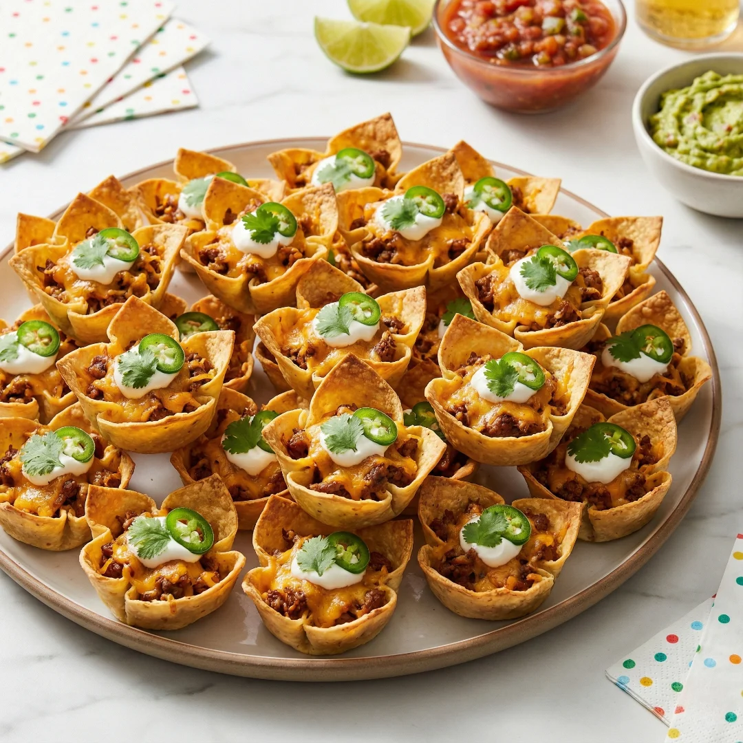 A hand picking up a fully loaded mini loaded nacho cup from a wooden serving board, topped with melted cheese, seasoned beef, a dollop of sour cream, and a slice of jalapeño.