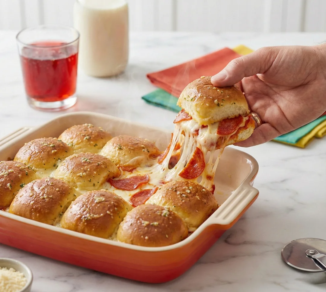 A spatula lifting a cheesy pull apart pizza slider from the pan, creating a long cheese pull, demonstrating the final Pull Apart Pizza Sliders Recipe.