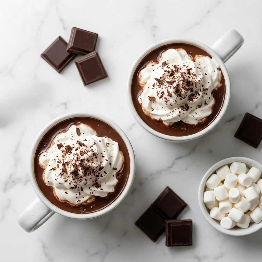An overhead shot of two mugs filled with velvety thick hot chocolate Recipe, topped with swirls of whipped cream, chocolate shavings, and surrounded by chocolate squares and mini marshmallows.