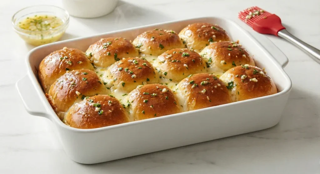 A white baking dish containing a full batch of baked pizza sliders, perfectly golden brown and topped with a savory garlic butter and parsley glaze.