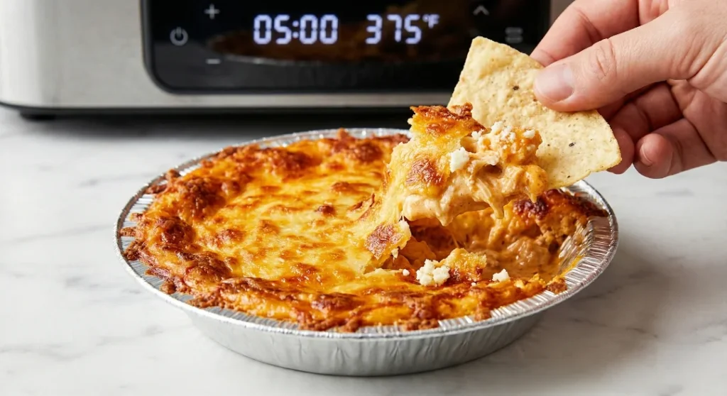 A chip creating a massive cheese pull from the small air fryer buffalo chicken dip dish, highlighting the golden and crispy cheese crust.