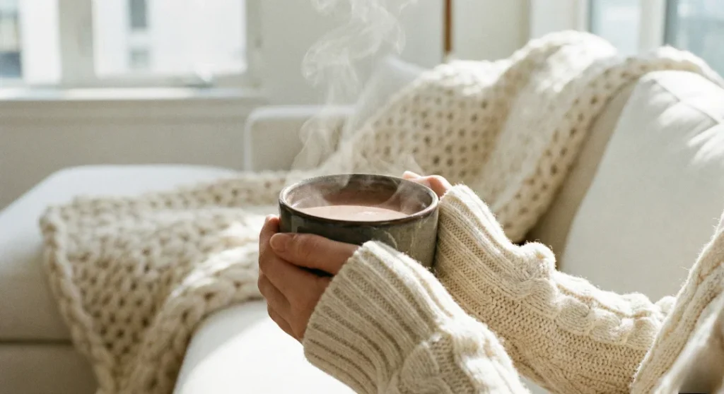 A person wearing a cream-colored chunky knit sweater, holding a steaming mug of hot chocolate with both hands while sitting on a white sofa covered with a soft knit blanket.