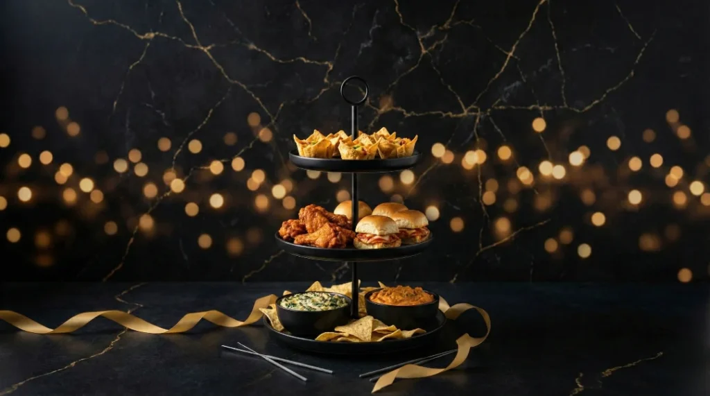 A three-tiered black platter filled with new year's eve finger foods only, including mini loaded nacho cups on top, sliders and wings in the middle, and dips with chips on the bottom tier, set against a dark, festive background with golden bokeh lights.