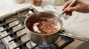 A hand using a metal whisk to combine milk, dark cocoa powder, white sugar, and a pinch of salt in a stainless steel saucepan over a lit gas stove burner.