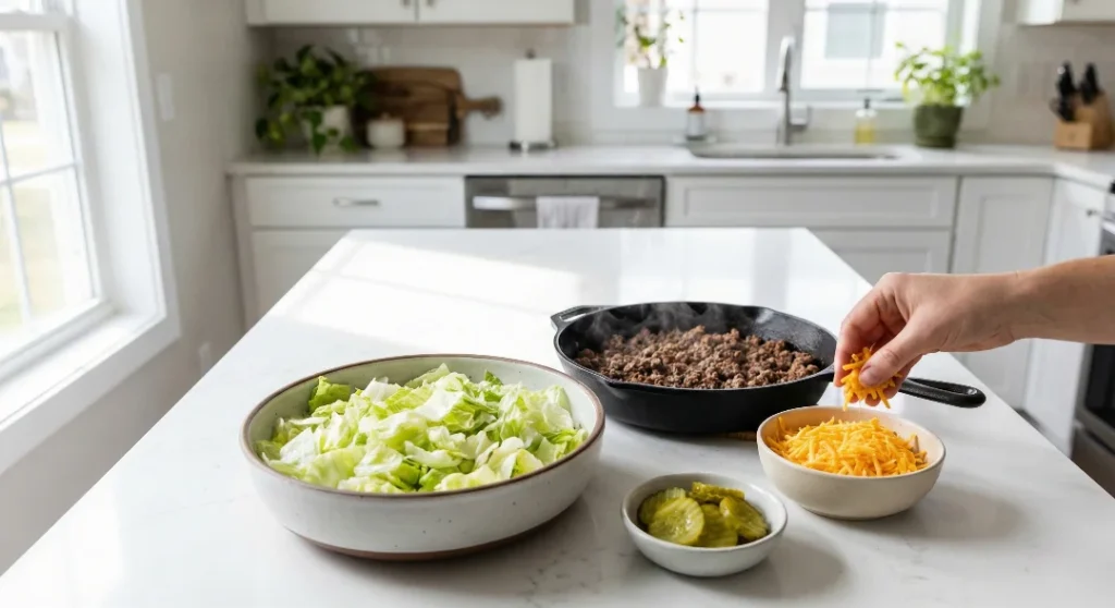 A top-down view of a large white bowl filled with chopped iceberg lettuce, topped with sections of ground beef, shredded cheddar cheese, sliced dill pickles, and diced white onions, ready for dressing.