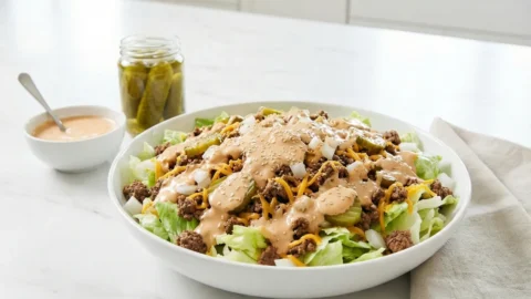 A side-view photograph of a hand pouring a creamy, orange "special sauce" from a glass pitcher over a large, clear bowl filled with a Big Mac Salad Recipe. The salad displays layers of lettuce, ground beef, cheese, pickles, and onions on a wooden table with ingredients in the background.