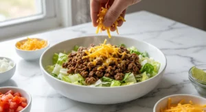 A close-up of a hand sprinkling shredded cheddar cheese over a bowl layered with fresh green lettuce and steaming browned ground beef.
