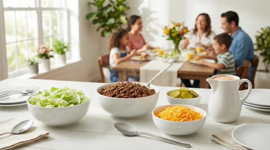 A bright dining room with a family eating in the background; the foreground shows a white table set with separate bowls of chopped lettuce, seasoned ground beef, shredded cheese, pickles, and a white pitcher of orange dressing.