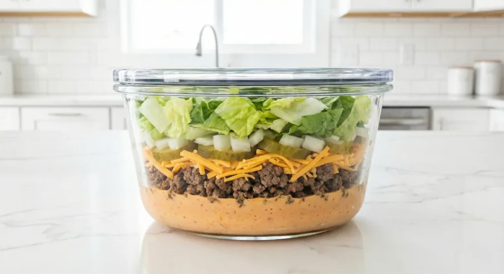 A side view of a large, clear glass storage container showing distinct layers of orange special sauce at the bottom, followed by browned ground beef, shredded cheese, sliced pickles, diced onions, and topped with a thick layer of chopped green lettuce.