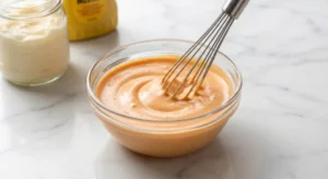 A close-up of a hand using a metal whisk to stir a creamy, orange-colored sauce in a glass bowl on a marble surface, with jars of mayonnaise and mustard in the background.