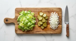 A top-down view of a wooden cutting board with a knife, featuring three piles: chopped bright green iceberg lettuce, sliced dill pickles, and finely diced white onions.