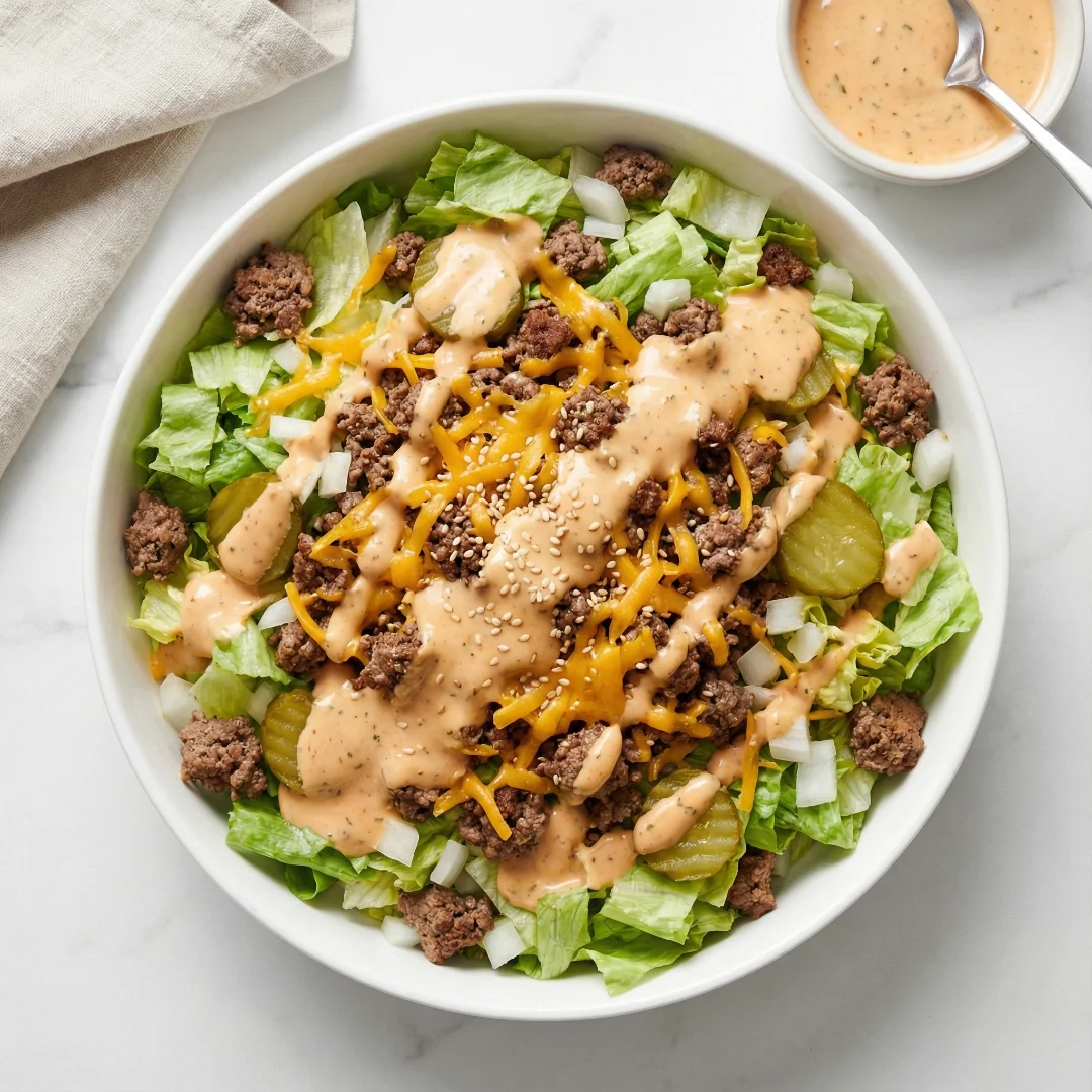 A vibrant, top-down view of a large white bowl filled with a healthy Big Mac salad Recipe featuring crisp lettuce, seasoned ground beef, melted cheddar cheese, pickles, onions, and a generous drizzle of orange special sauce topped with sesame seeds.