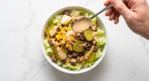 A close-up of a completed Big Mac salad in a white bowl, featuring a base of lettuce topped with seasoned ground beef, melted cheese, sliced pickles, diced onions, a generous drizzle of special sauce, and a sprinkle of sesame seeds.