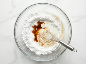 A top-down view of a clear glass bowl on a marble counter containing sifted powdered sugar, a splash of dark vanilla extract, white milk, and a metal wire whisk resting in the center.