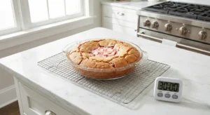 A freshly baked strawberry earthquake cake cooling in a glass dish on a metal wire rack, placed on a white marble countertop next to a digital kitchen timer set exactly to 30:00.