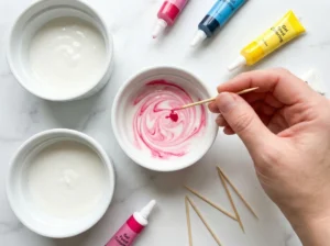 A top-down view of a hand using a wooden toothpick to swirl bright pink gel food coloring into a small white bowl of frosting. Other bowls of white icing and tubes of pink, blue, and yellow gel food coloring are scattered on the marble counter.