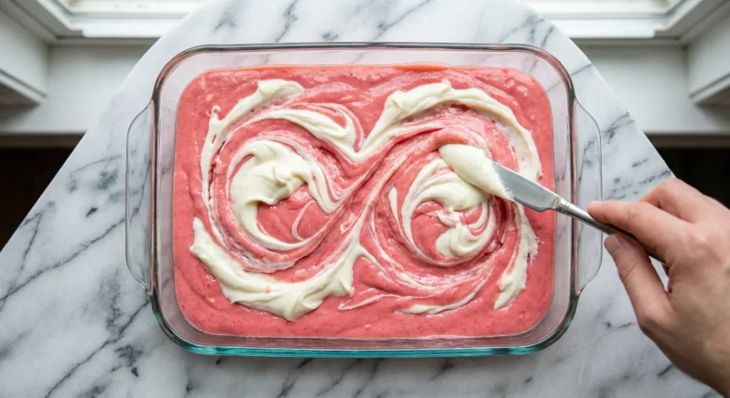A top-down view of a person's hand using a silver butter knife to gently swirl white cream cheese mixture into bright pink strawberry batter in a figure-eight motion inside a glass baking pan on a marble surface.
