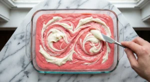 A top-down view of a person's hand using a silver butter knife to gently swirl white cream cheese mixture into bright pink strawberry batter in a figure-eight motion inside a glass baking pan on a marble surface.
