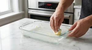 A close-up of a person's hand using butter to heavily grease a clear 9x13 inch glass baking dish on a white marble counter, with a digital oven display set to 350°F in the background.