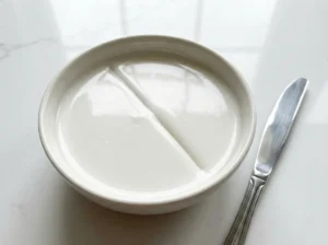 A close-up of a white bowl filled with glossy white icing, featuring a clear line dragged directly through the center, with a silver butter knife resting beside it on a marble surface.