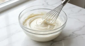 A close-up view of a clear glass bowl on a white marble countertop containing a perfectly smooth, white cream cheese and powdered sugar mixture being stirred with a metal wire whisk.